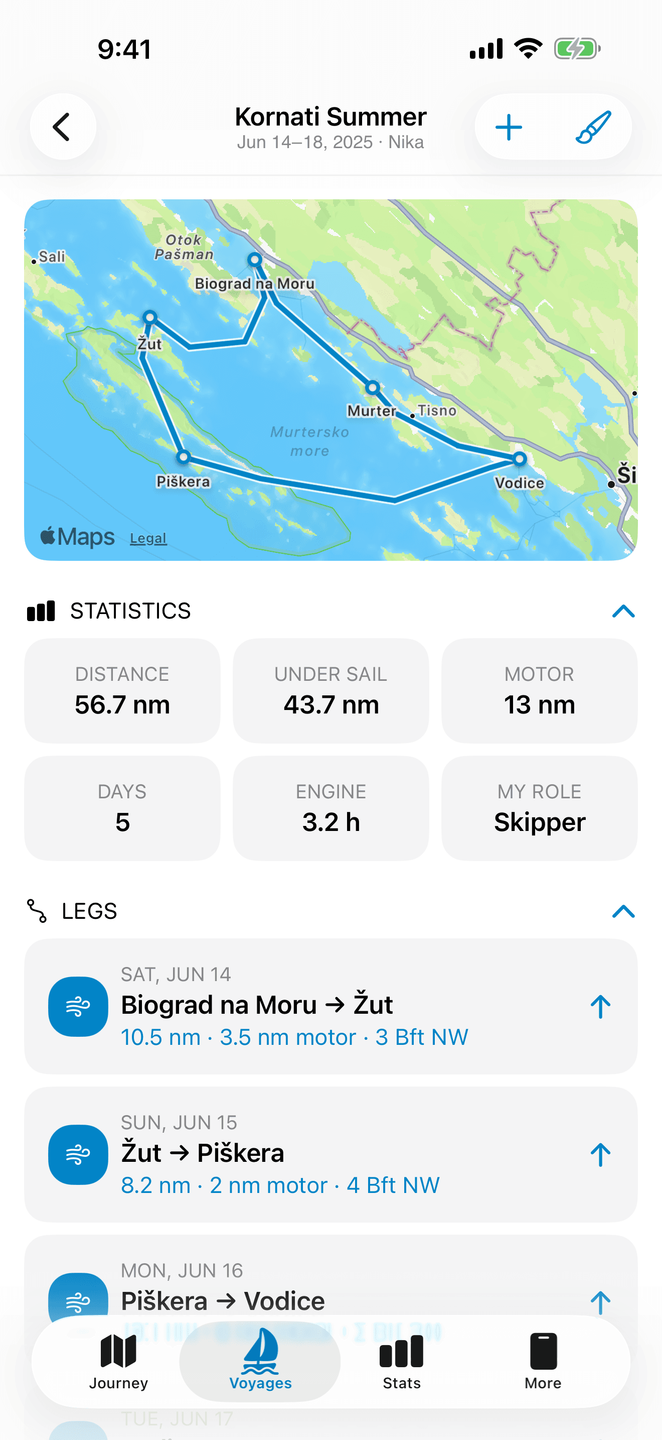 The Kornati Summer voyage in Salty: the route around Biograd, Žut and Vodice on a map, 56.7 nautical miles over five days, and the daily legs below.